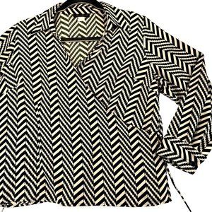 Vintage ASHLEY STEWART 3X Plus Black Blouse Top Zig Zag Pattern Cuffed Sleeves